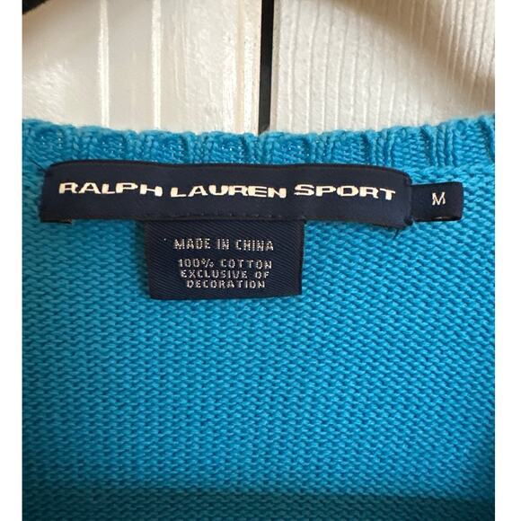 Vintage Ralph Lauren Sport Sweater V Neck Blue Crest Logo Cotton Knit Pullover - Picture 3 of 6